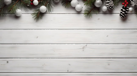 a white wooden surface adorned with spruce branches and Christmas decorations, a modern minimalist style, leaving ample space for text or invitationsの素材