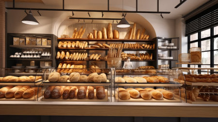 a French style bakery, focusing on modern minimalist design elements, the store's contemporary and fashionable style, with a thematic display of artisanal bread as a centerpieceの素材