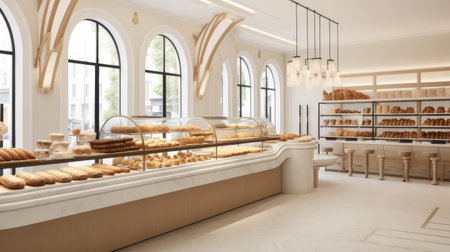 a French style bakery, focusing on modern minimalist design elements, the store's contemporary and fashionable style, with a thematic display of artisanal bread as a centerpieceの素材