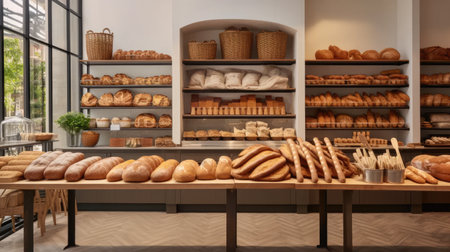 a French style bakery, focusing on modern minimalist design elements, the store's contemporary and fashionable style, with a thematic display of artisanal bread as a centerpieceの素材