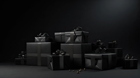 gift boxes in black paper, a modern minimalist background, incorporating Black Friday on sale tags strategically for a visually striking compositionの素材