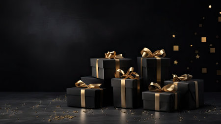gift boxes in black paper, a modern minimalist background, incorporating Black Friday on sale tags strategically for a visually striking compositionの素材