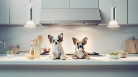 adorable puppies engaging in amusing activities within a modern minimalist kitchenの素材