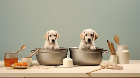 adorable puppies engaging in amusing activities within a modern minimalist kitchenの素材