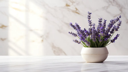 lavender blossoms showcased in a flower pot, elegantly positioned on a white marble table, set against a modern minimalist background with open space for text or invitationsの素材