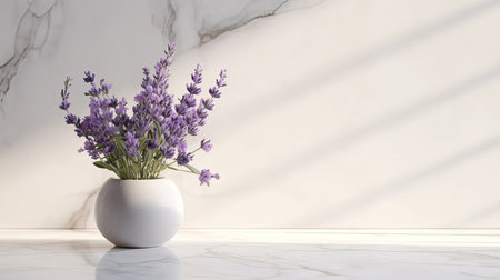 lavender blossoms showcased in a flower pot, elegantly positioned on a white marble table, set against a modern minimalist background with open space for text or invitationsの素材