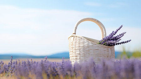 a white basket adorned with lavender, strategically placed in a field, surrounded by the simplicity of a modern minimalist backdrop, allowing room for text or invitationsの素材