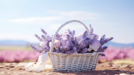 a white basket adorned with lavender, strategically placed in a field, surrounded by the simplicity of a modern minimalist backdrop, allowing room for text or invitationsの素材