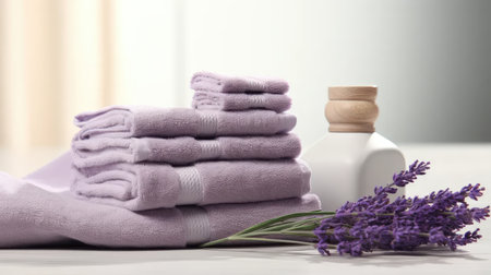 terry towels adorned with delicate lavender flowers, featuring a beautiful reflection, set against a modern minimalist background with abundant space for text or invitationsの素材