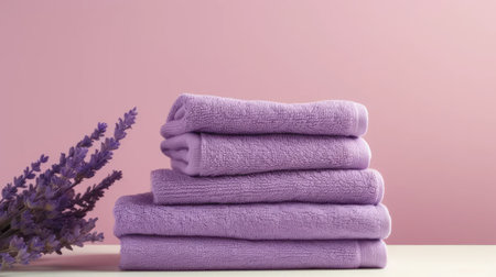 terry towels adorned with delicate lavender flowers, featuring a beautiful reflection, set against a modern minimalist background with abundant space for text or invitationsの素材