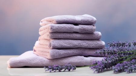terry towels adorned with delicate lavender flowers, featuring a beautiful reflection, set against a modern minimalist background with abundant space for text or invitationsの素材