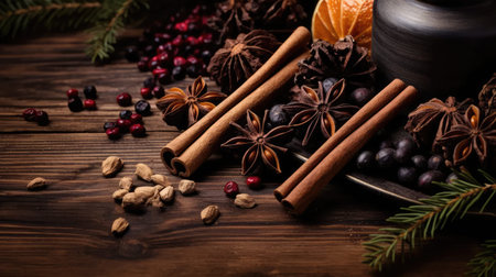 mulled wine spices arranged on a vintage wooden backdrop from a top perspective, with sufficient space for text or invitationsの素材