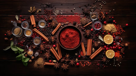 mulled wine spices arranged on a vintage wooden backdrop from a top perspective, with sufficient space for text or invitationsの素材