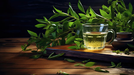 a realistic and visually enticing photo featuring green granulated tea and a green tea tree branch elegantly arranged on a light wooden backgroundの素材