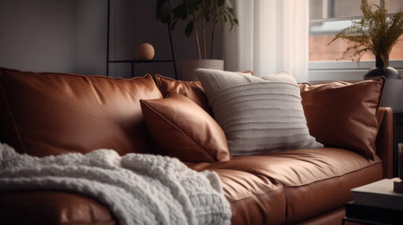 a room with a brown eco-leather couch, soft cushions, and a knitted white blanket, the inviting elements of modern living room design.の素材