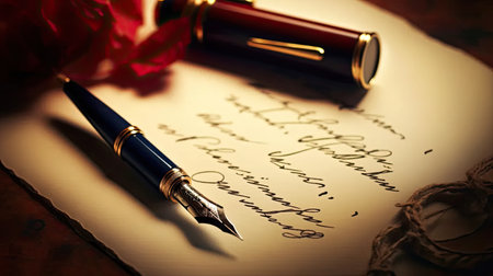 a fountain pen placed on an antique handwritten letter, showing the vintage nib pen and the intricacies of handwritten English cursive styles such as copperplate and Spencerianの素材