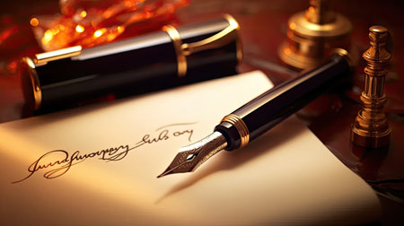 a fountain pen placed on an antique handwritten letter, showing the vintage nib pen and the intricacies of handwritten English cursive styles such as copperplate and Spencerianの素材