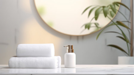 a marble white round podium showcasing bathroom bath products, spa shampoo, shower gel, and liquid soap in a modern minimalist styleの素材