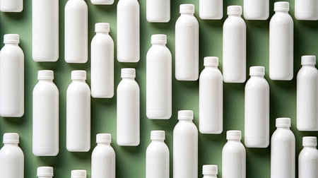 an aesthetically pleasing arrangement featuring a set of organic spa cosmetics with green leaves, emphasizing a modern minimalist styleの素材