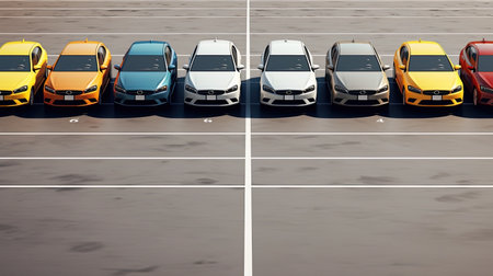 a row of brand new cars neatly lined up in a parking lot, with no visible brand or manufacturer logos, emphasizing the concept of anonymity and showing the vehicles' clean and sleek designの素材