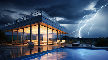a lightning rod on the roof of a modern house, showcasing the essential safety feature designed to protect the structure from lightning strikesの素材