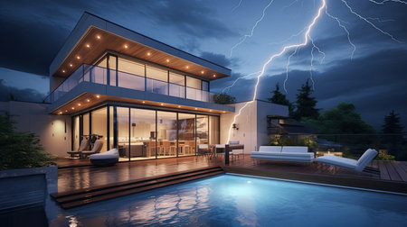 a lightning rod on the roof of a modern house, showcasing the essential safety feature designed to protect the structure from lightning strikesの素材