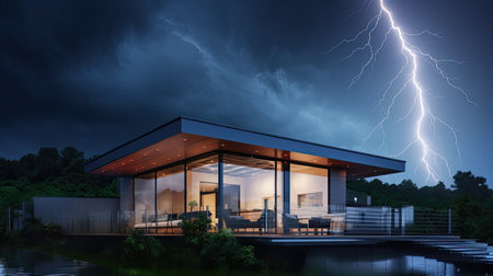 a lightning rod on the roof of a modern house, showcasing the essential safety feature designed to protect the structure from lightning strikesの素材