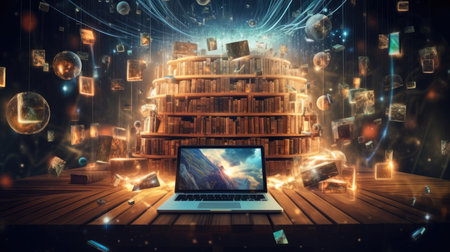 an e-library, featuring many e-book icons symbolizing a vast collection of electronic books available online, the accessibility and convenience of a digital library or e-libraryの素材