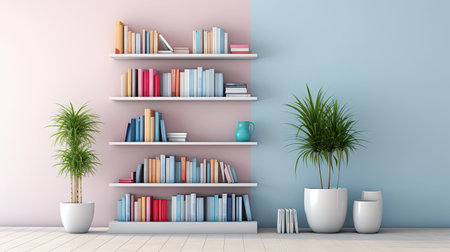 a bookcase adorned with pink and blue books, accompanied by a potted plant, set against a white interiorの素材