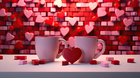 the Valentine's Day concept, Feature hearts and two cups arranged artfully on a white bricks background, a warm and romantic ambiance with soft lighting to enhance the emotional appealの素材