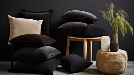 black corduroy cushions, the texture and details of the corduroy material to convey a realistic and cozy atmosphereの素材