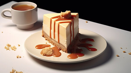 a tempting caramel Biscoff cheesecake displayed on a white table, accompanied by a slice and a cup of tea or coffee,the composition in a minimalist, modern styleの素材