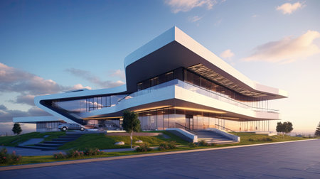 a contemporary business building, the architectural details, emphasizing the sleek and modern design, the building against a clear sky to highlight its elegance and prominenceの素材