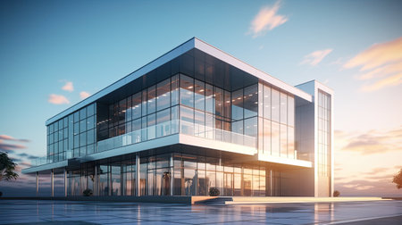 a contemporary business building, the architectural details, emphasizing the sleek and modern design, the building against a clear sky to highlight its elegance and prominenceの素材