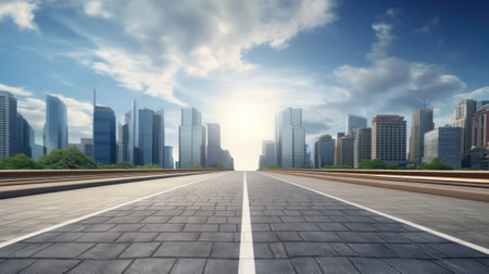 empty urban asphalt road, surrounded by city buildings in the background, the essence of a new, modern highway construction made of concreteの素材