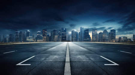 empty urban asphalt road, surrounded by city buildings in the background, the essence of a new, modern highway construction made of concreteの素材