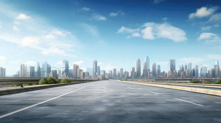 empty urban asphalt road, surrounded by city buildings in the background, the essence of a new, modern highway construction made of concreteの素材