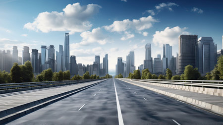 empty urban asphalt road, surrounded by city buildings in the background, the essence of a new, modern highway construction made of concreteの素材