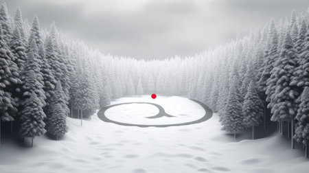 a winter road winding through a snow-covered forest, a red location pin into the composition, emphasizing a minimalist and modern styleの素材