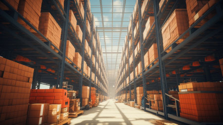 a massive distribution warehouse designed in a modern style, the vastness of the space, featuring high shelves and forkliftsの素材