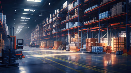 a massive distribution warehouse designed in a modern style, the vastness of the space, featuring high shelves and forkliftsの素材