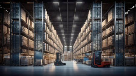 a massive distribution warehouse designed in a modern style, the vastness of the space, featuring high shelves and forkliftsの素材