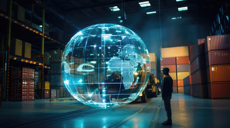an abstract digital hologram of logistics, delivery, and transportation, include a globe and a network, set against a blurry background of a warehouse, double exposure for a captivating effectの素材