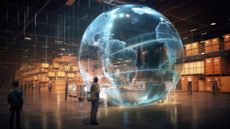 an abstract digital hologram of logistics, delivery, and transportation, include a globe and a network, set against a blurry background of a warehouse, double exposure for a captivating effectの素材