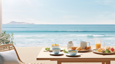 morning and breakfast on a serene sea beach, the composition in a minimalist, modern style, emphasizing the peaceful ambiance of the seasideの素材