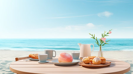 morning and breakfast on a serene sea beach, the composition in a minimalist, modern style, emphasizing the peaceful ambiance of the seasideの素材