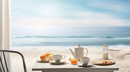 morning and breakfast on a serene sea beach, the composition in a minimalist, modern style, emphasizing the peaceful ambiance of the seasideの素材