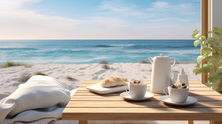 morning and breakfast on a serene sea beach, the composition in a minimalist, modern style, emphasizing the peaceful ambiance of the seasideの素材