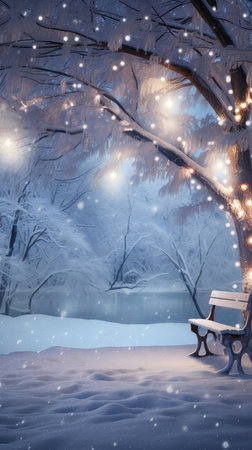 a snow-covered winter landscape adorned with twinkling Christmas lights, capturing the magical essence of the holiday season for a stunning Christmas wallpaperの素材