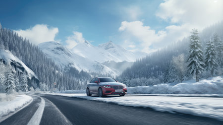 a car speeding along a snow-covered road, surrounded by a breathtaking winter landscape, a sense of movement and adventure with a focus on the snowy mountains and dense forestの素材